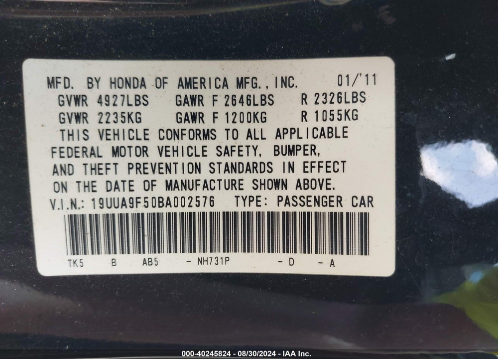 2011 ACURA TL VIN: 19UUA9F50BA002576