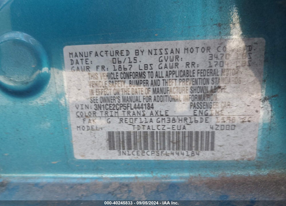 2015 NISSAN VERSA NOTE S PLUS VIN: 3N1CE2CP5FL444184