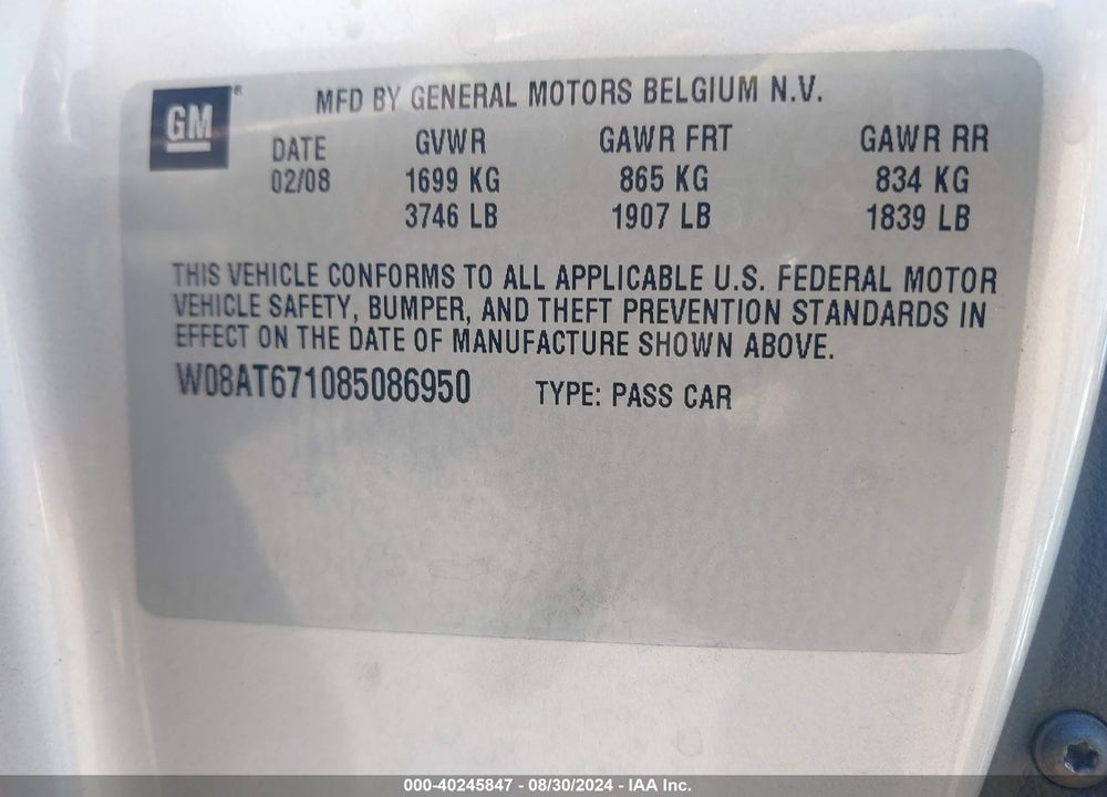 2008 SATURN ASTRA XR VIN: W08AT671085086950