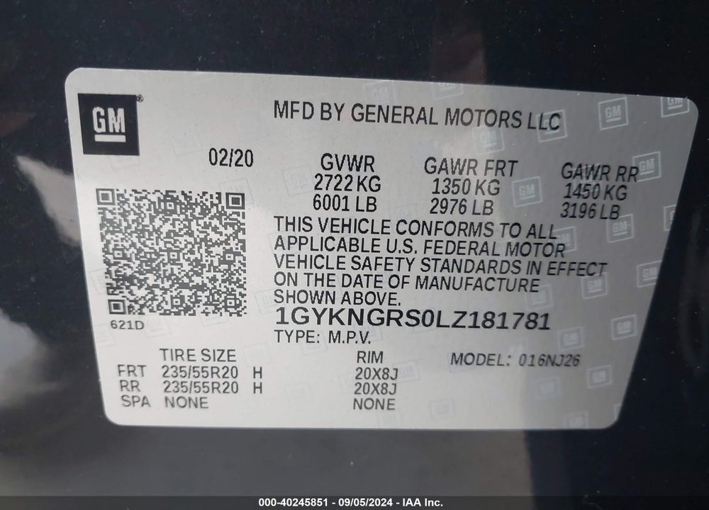 2020 CADILLAC XT5 AWD SPORT VIN: 1GYKNGRS0LZ181781