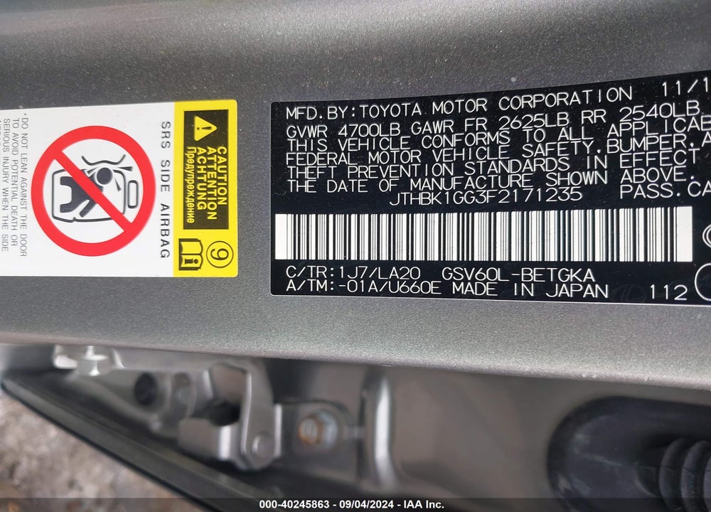 2015 LEXUS ES 350 VIN: JTHBK1GG3F2171235