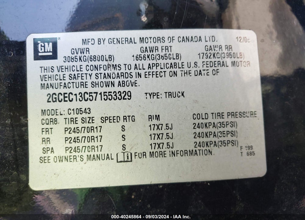 2007 CHEVROLET SILVERADO 1500 LT1 VIN: 2GCEC13C571553329