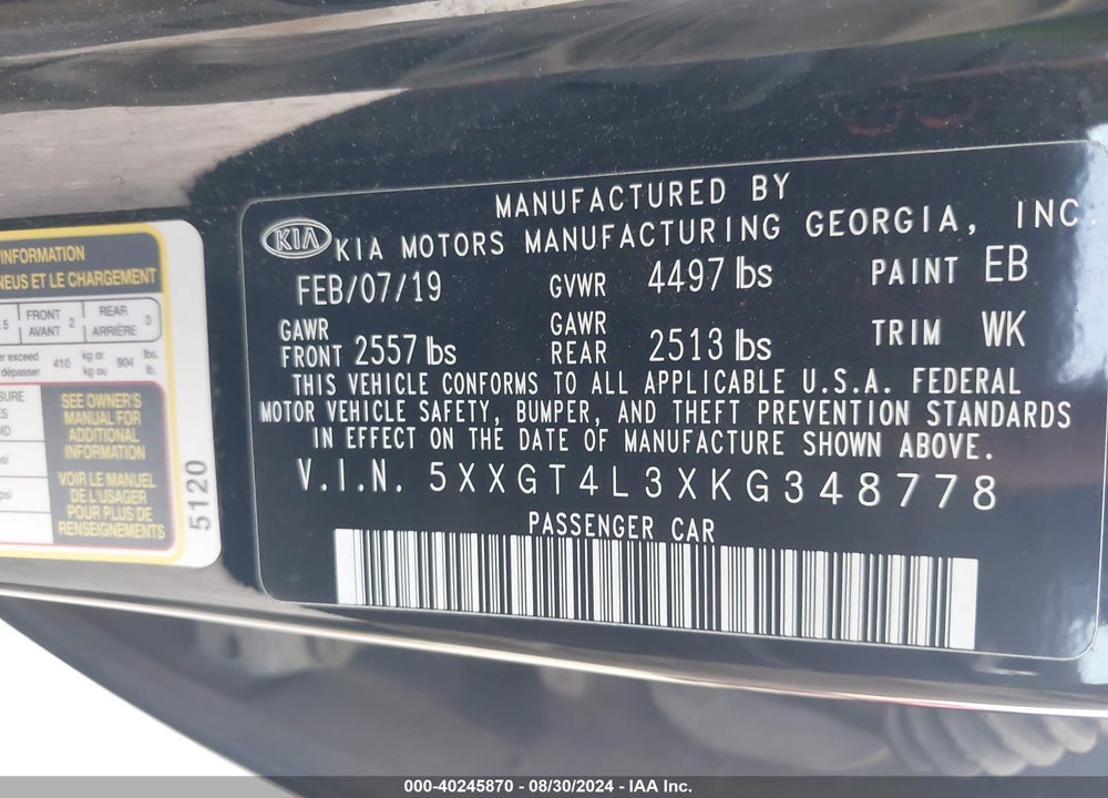 2019 KIA OPTIMA LX VIN: 5XXGT4L3XKG348778