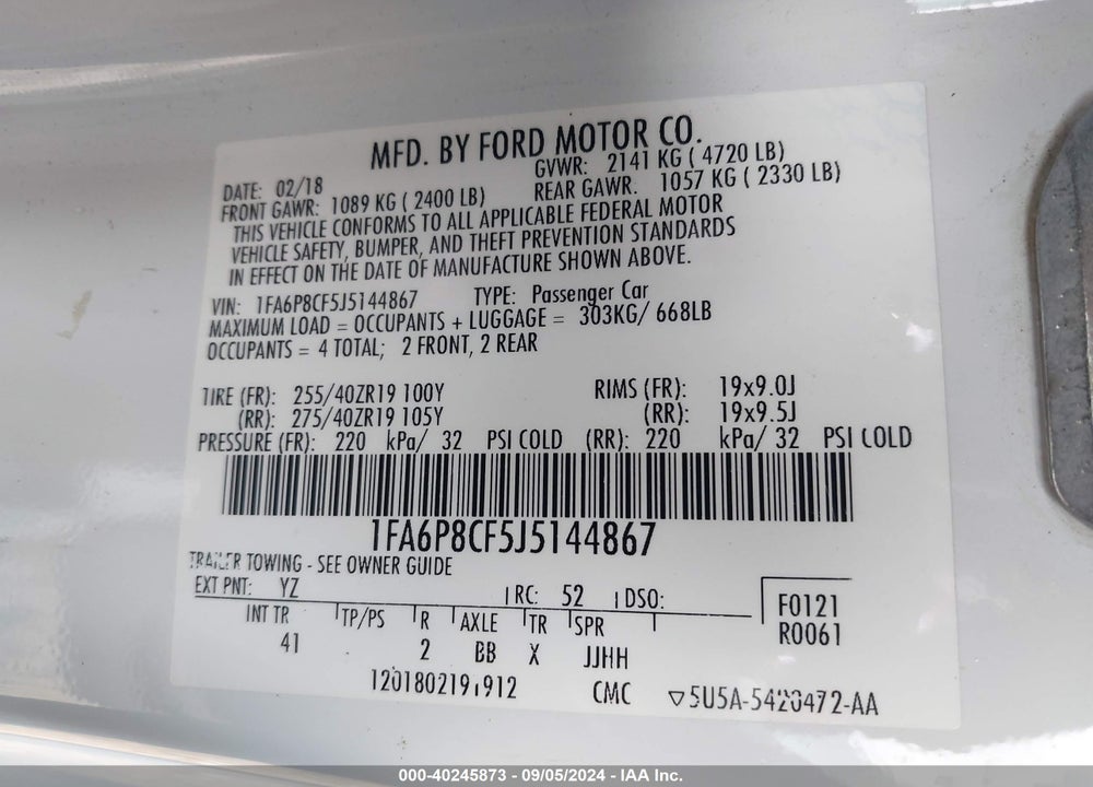 2018 FORD MUSTANG GT PREMIUM VIN: 1FA6P8CF5J5144867