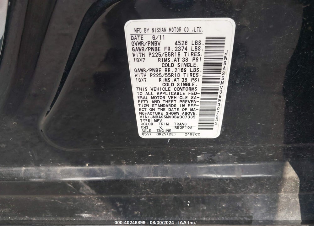 2011 NISSAN ROGUE SV VIN: JN8AS5MV0BW307335