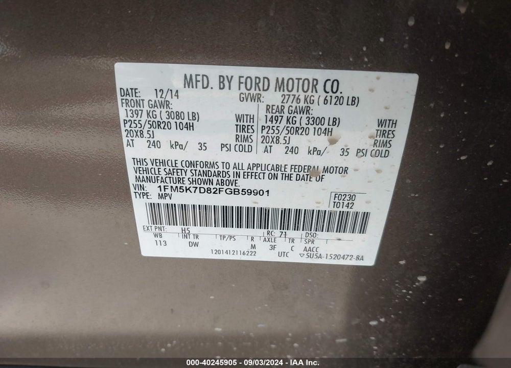 2015 FORD EXPLORER XLT VIN: 1FM5K7D82FGB59901