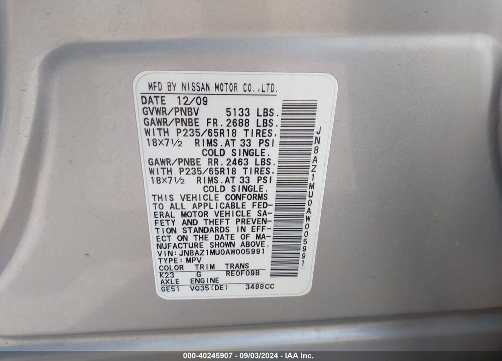 2010 NISSAN MURANO SL VIN: JN8AZ1MU0AW005991