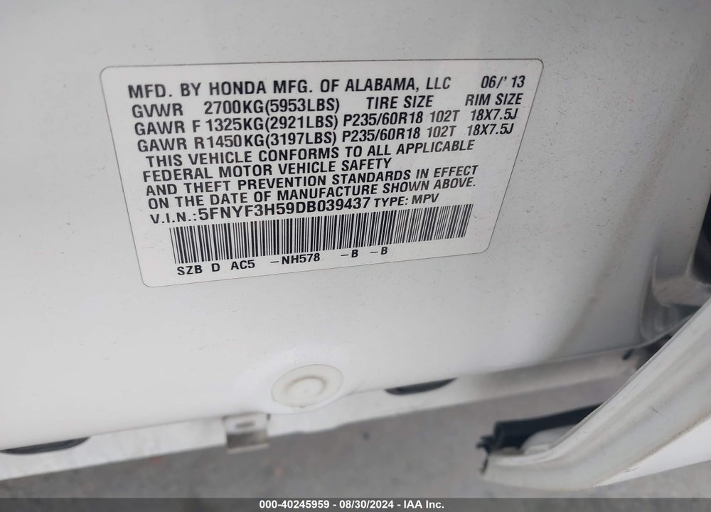 2013 HONDA PILOT EX-L VIN: 5FNYF3H59DB039437