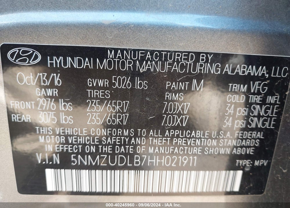 2017 HYUNDAI SANTA FE SPORT 2.4L VIN: 5NMZUDLB7HH021911
