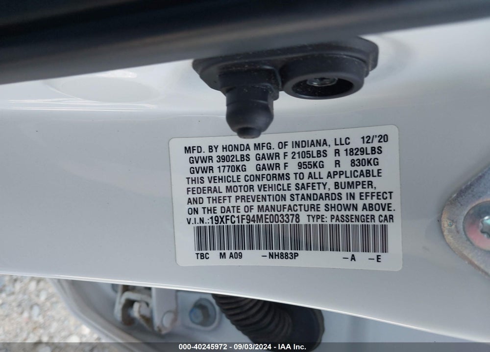 2021 HONDA CIVIC TOURING VIN: 19XFC1F94ME003378