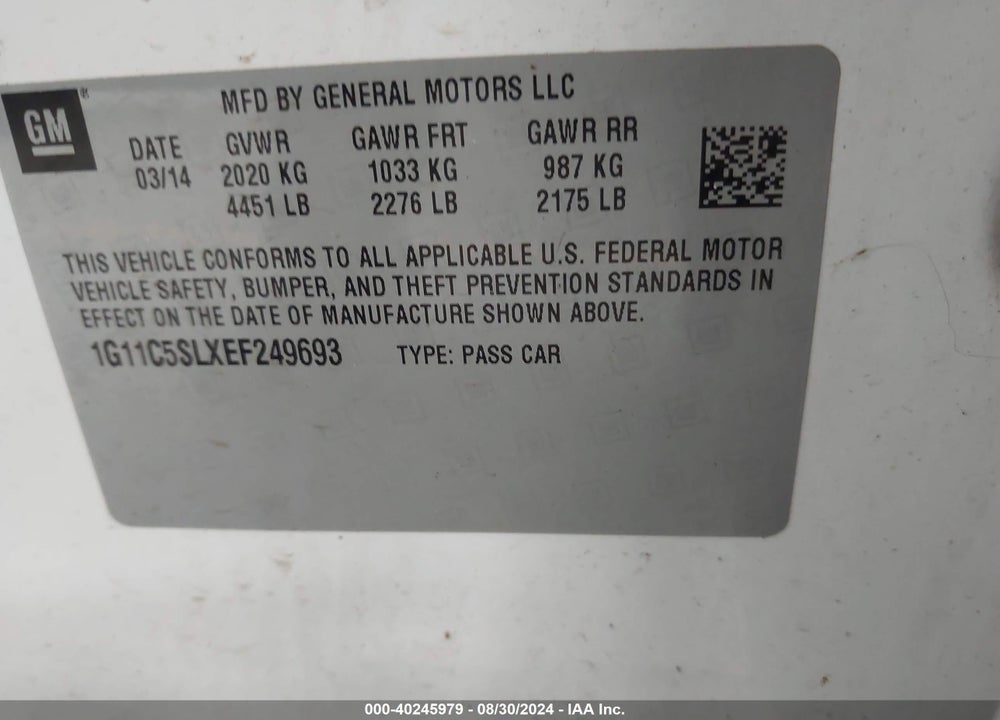 2014 CHEVROLET MALIBU 1LT VIN: 1G11C5SLXEF249693