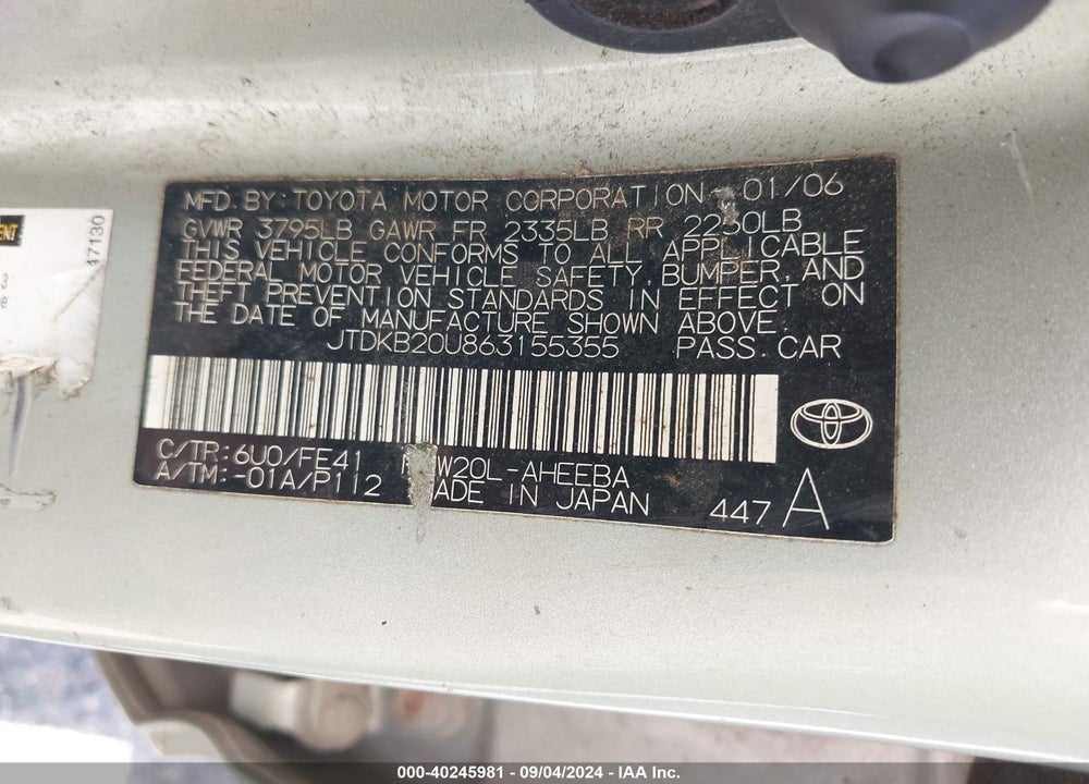 2006 TOYOTA PRIUS VIN: JTDKB20U863155355