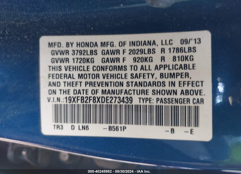 2013 HONDA CIVIC EX VIN: 19XFB2F8XDE273439