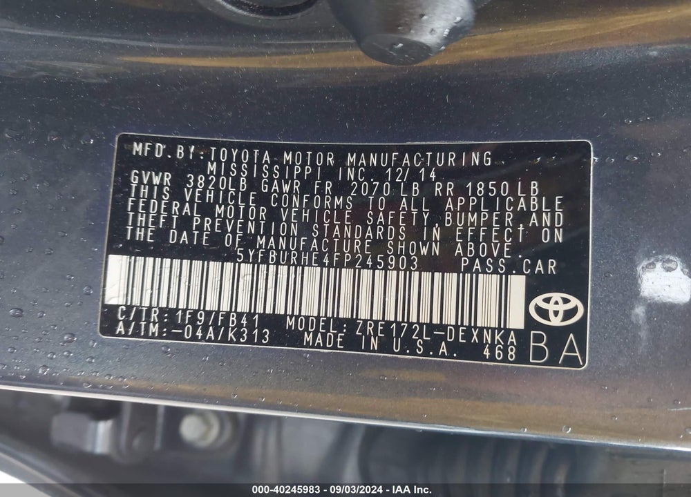 2015 TOYOTA COROLLA LE VIN: 5YFBURHE4FP245903
