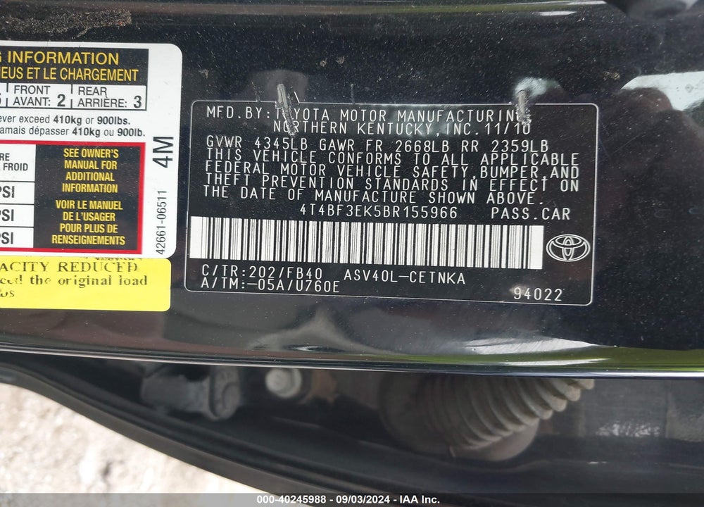 2011 TOYOTA CAMRY VIN: 4T4BF3EK5BR155966