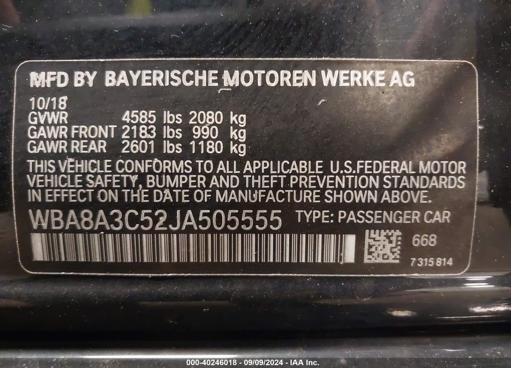2018 BMW 320I XDRIVE VIN: WBA8A3C52JA505555