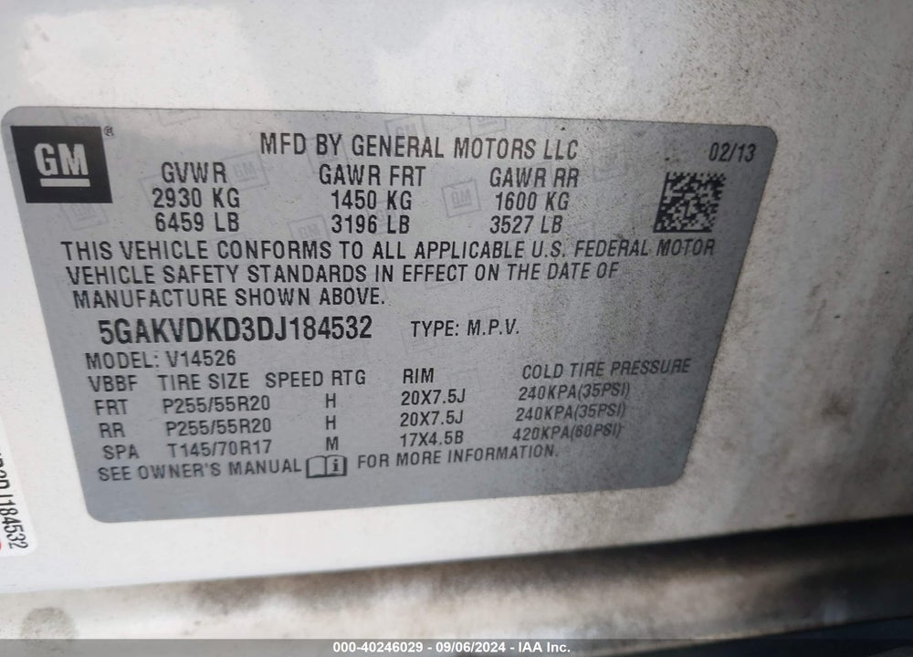 2013 BUICK ENCLAVE PREMIUM VIN: 5GAKVDKD3DJ184532