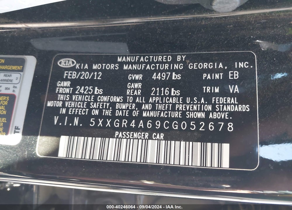 2012 KIA OPTIMA SX VIN: 5XXGR4A69CG052678
