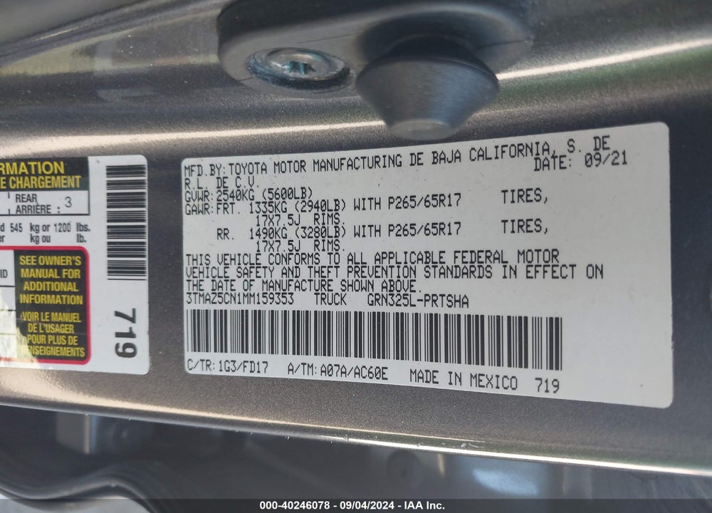 2021 TOYOTA TACOMA TRD SPORT VIN: 3TMAZ5CN1MM159353