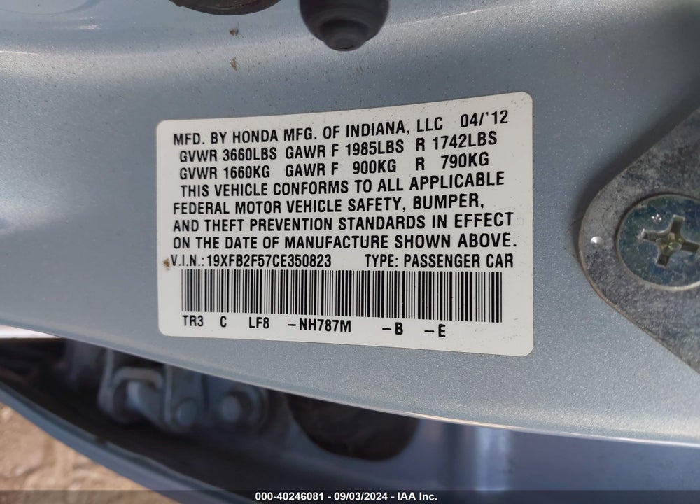 2012 HONDA CIVIC LX VIN: 19XFB2F57CE350823