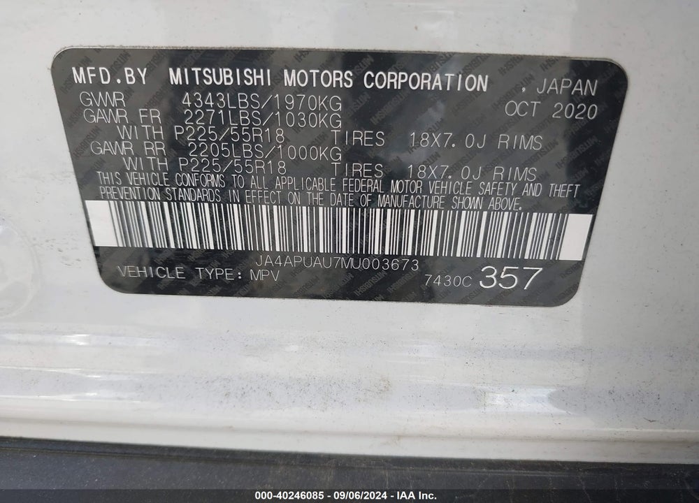 2021 MITSUBISHI OUTLANDER SPORT VIN: JA4APUAU7MU003673