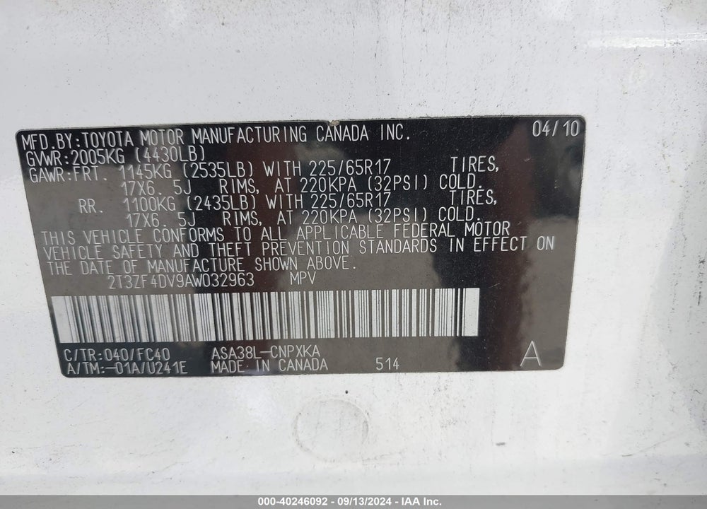 2010 TOYOTA RAV4 VIN: 2T3ZF4DV9AW032963