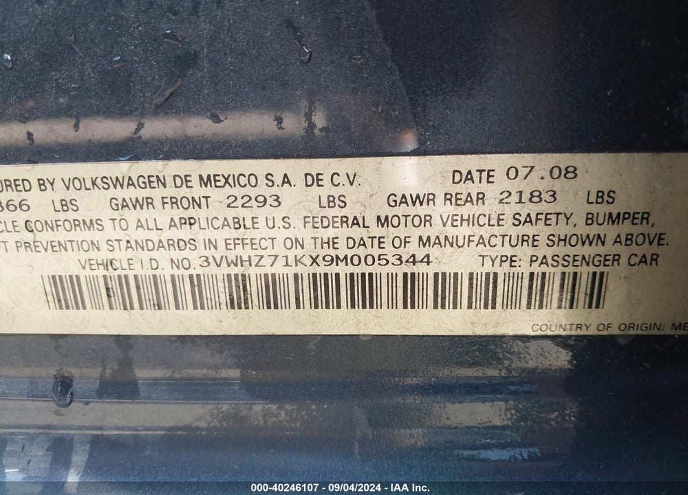 2009 VOLKSWAGEN JETTA VIN: 3VWHZ71KX9M005344