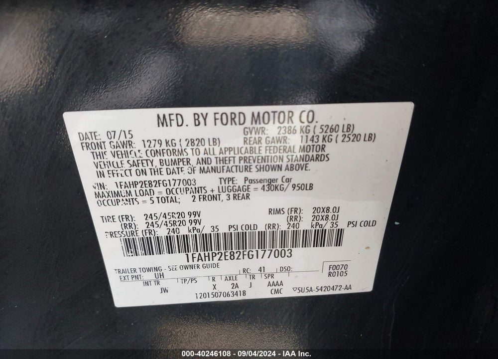 2015 FORD TAURUS SEL VIN: 1FAHP2E82FG177003
