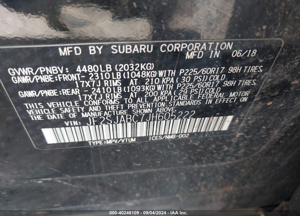 2018 SUBARU FORESTER 2.5I VIN: JF2SJABC7JH605222