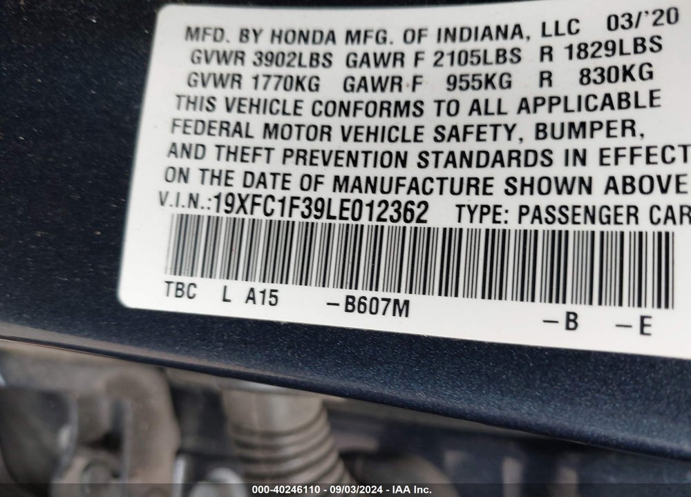 2020 HONDA CIVIC EX VIN: 19XFC1F39LE012362