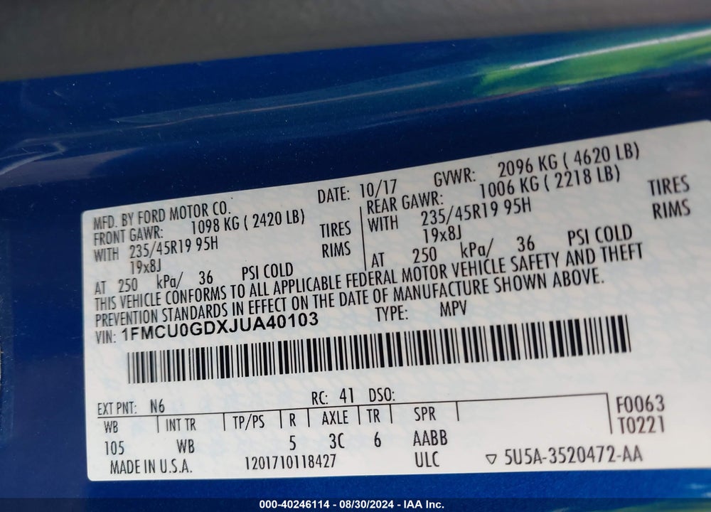2018 FORD ESCAPE SE VIN: 1FMCU0GDXJUA40103