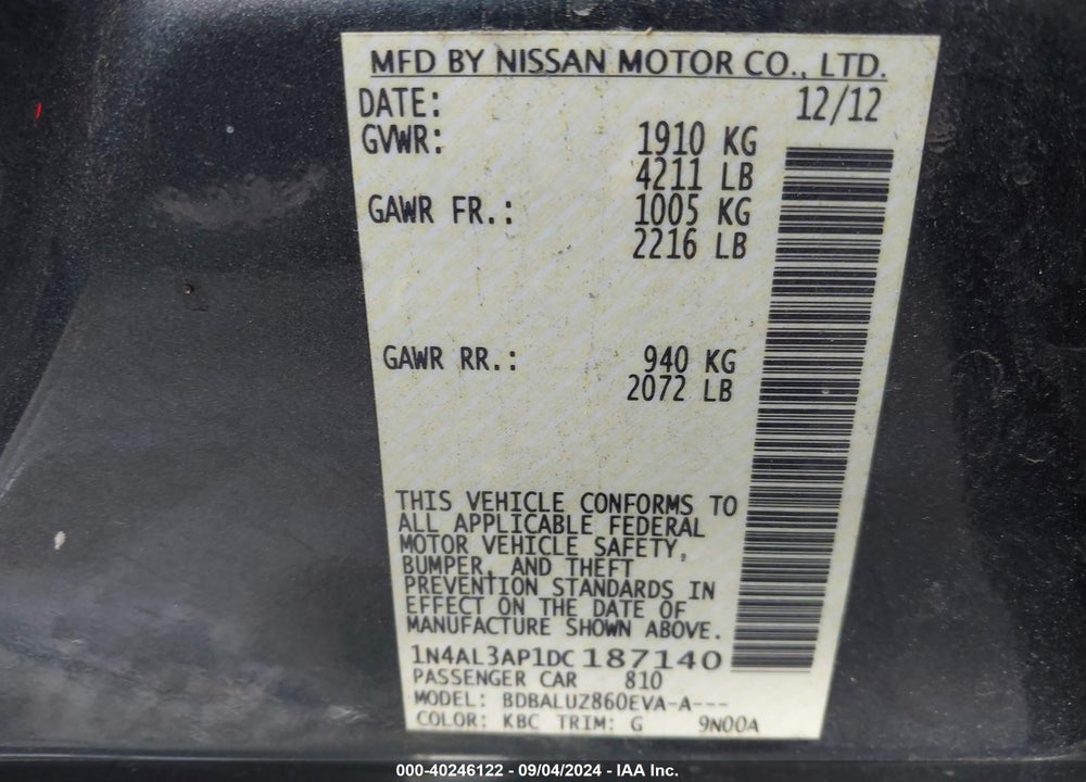 2013 NISSAN ALTIMA 2.5 SV VIN: 1N4AL3AP1DC187140