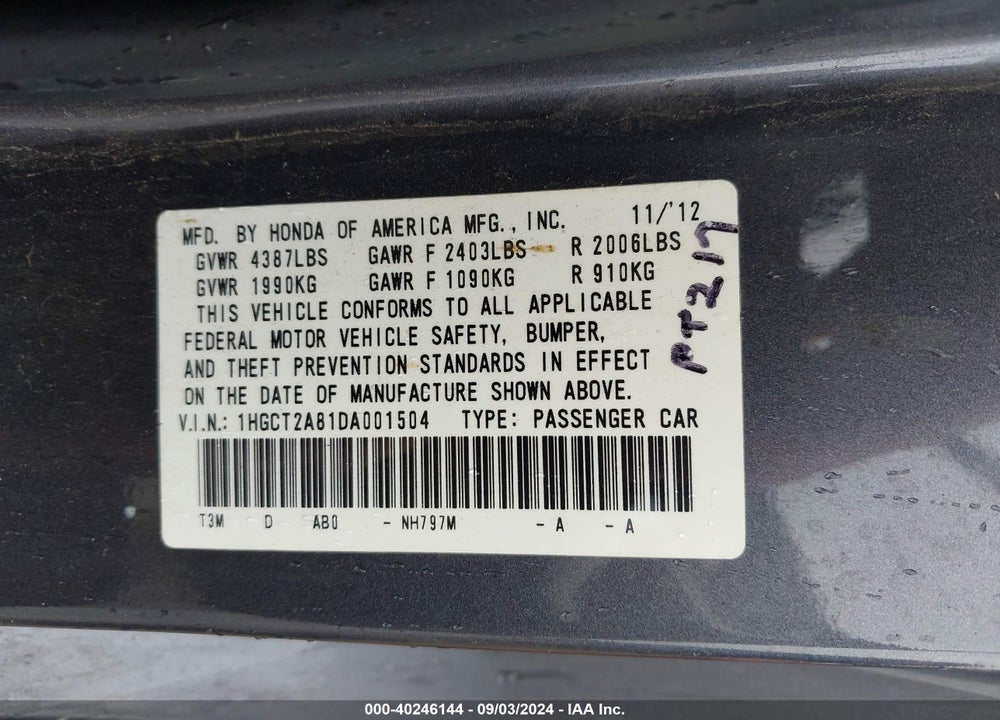 2013 HONDA ACCORD EX-L V-6 VIN: 1HGCT2A81DA001504