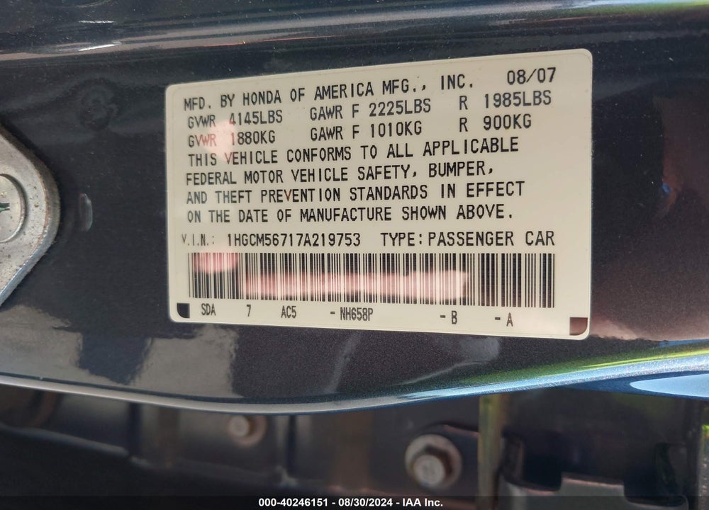2007 HONDA ACCORD 2.4 EX VIN: 1HGCM56717A219753