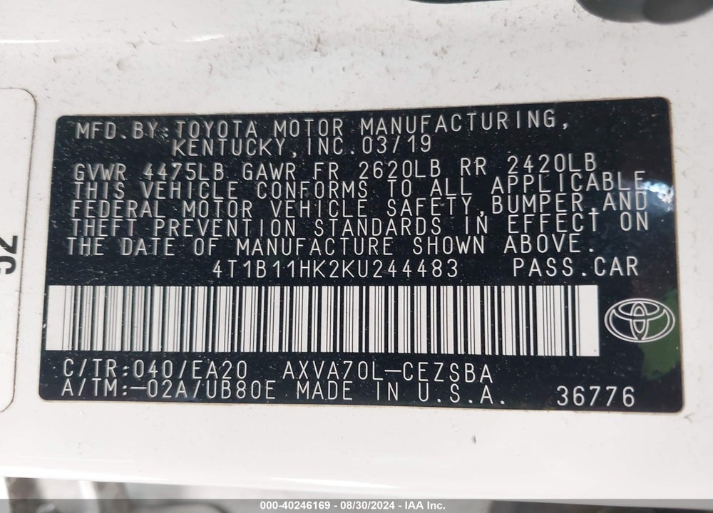 2019 TOYOTA CAMRY SE VIN: 4T1B11HK2KU244483