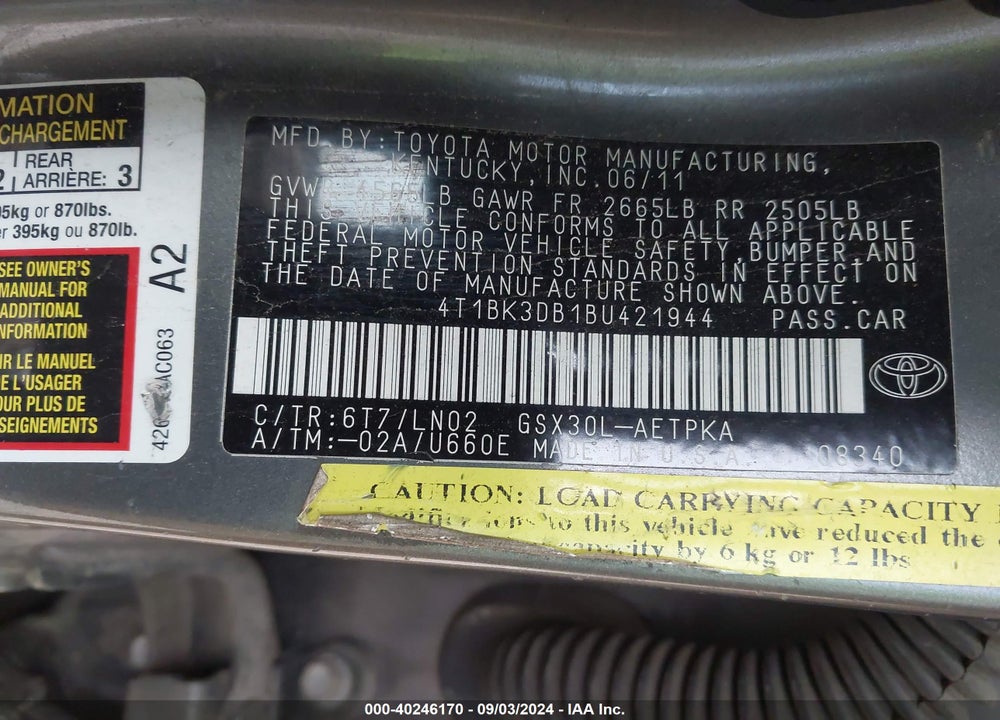 2011 TOYOTA AVALON LIMITED VIN: 4T1BK3DB1BU421944