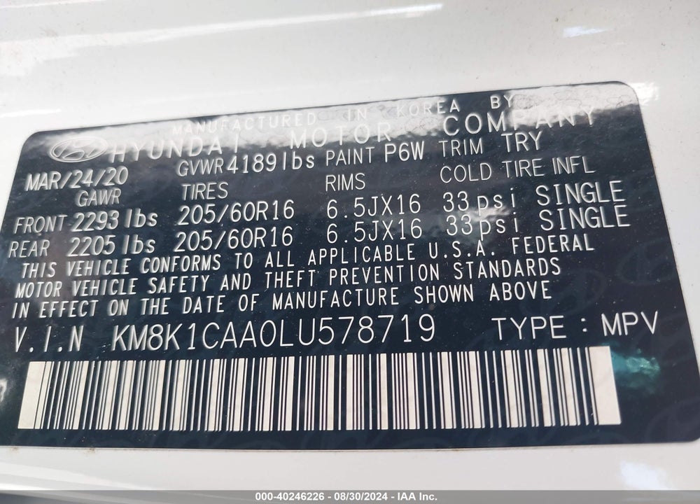 2020 HYUNDAI KONA SE VIN: KM8K1CAA0LU578719