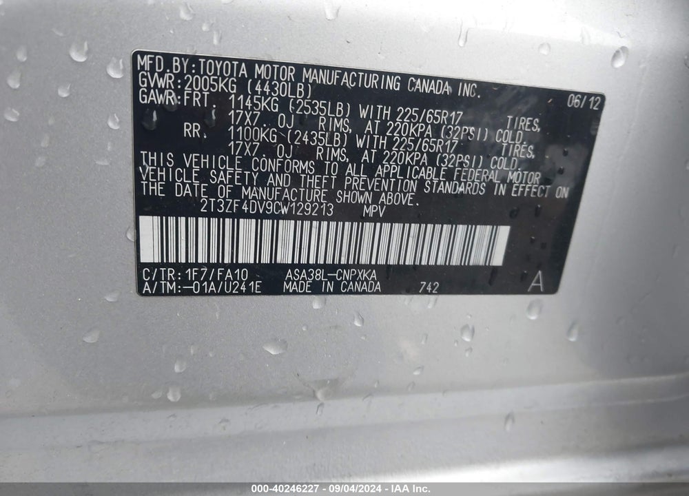2012 TOYOTA RAV4 VIN: 2T3ZF4DV9CW129213