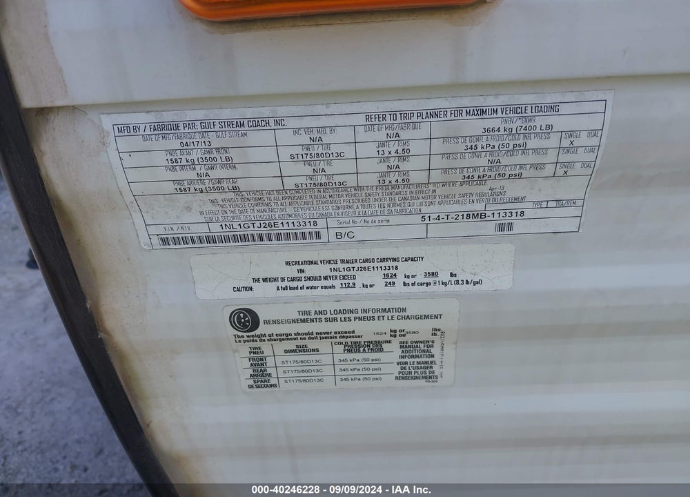 2014 GULF AMERILITE VIN: 1NL1GTJ26E1113318