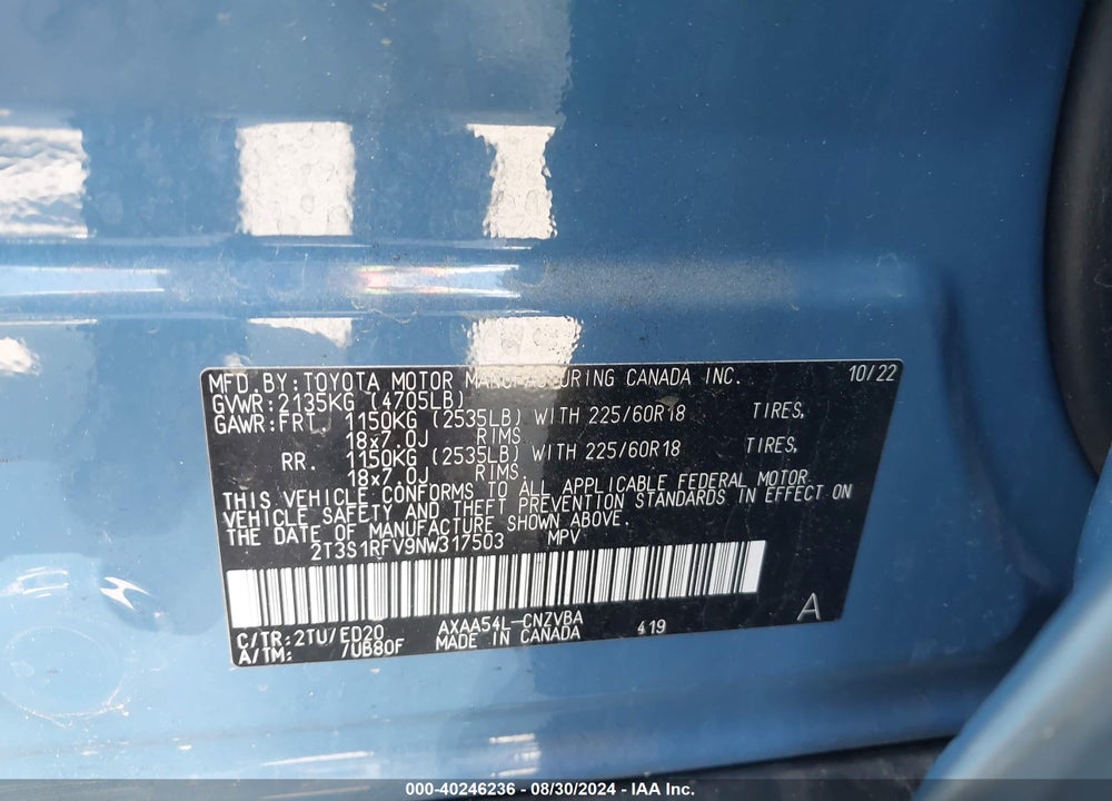 2022 TOYOTA RAV4 TRD OFF ROAD VIN: 2T3S1RFV9NW317503