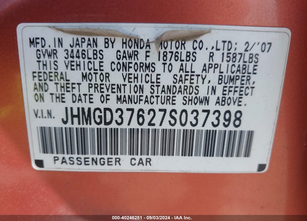 2007 HONDA FIT SPORT VIN: JHMGD37627S037398