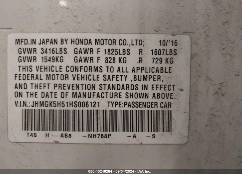2017 HONDA FIT LX VIN: JHMGK5H51HS006121