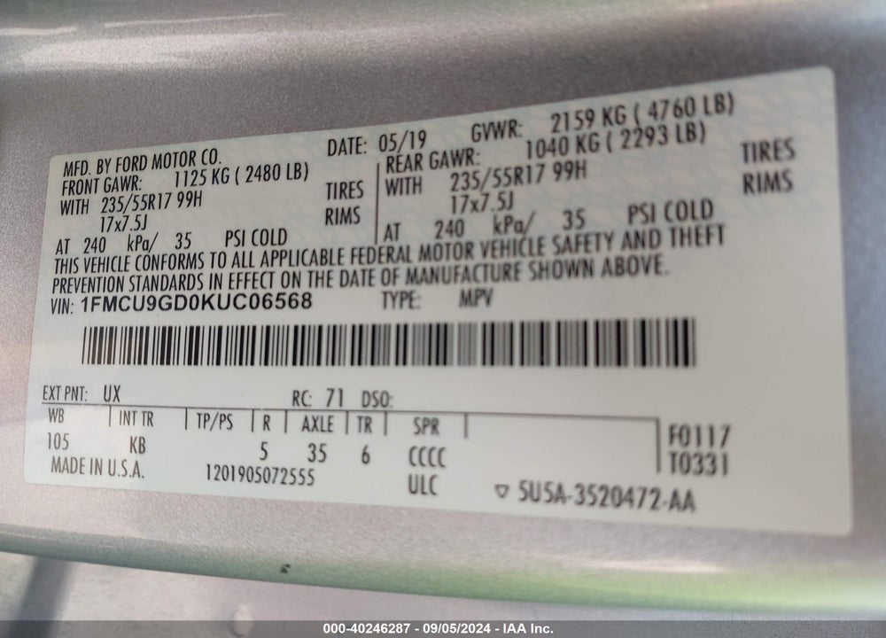 2019 FORD ESCAPE SE VIN: 1FMCU9GD0KUC06568