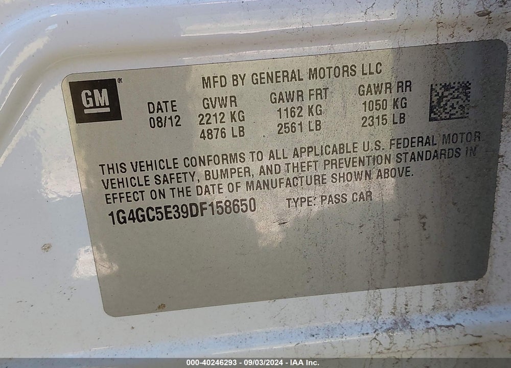 2013 BUICK LACROSSE LEATHER GROUP VIN: 1G4GC5E39DF158650