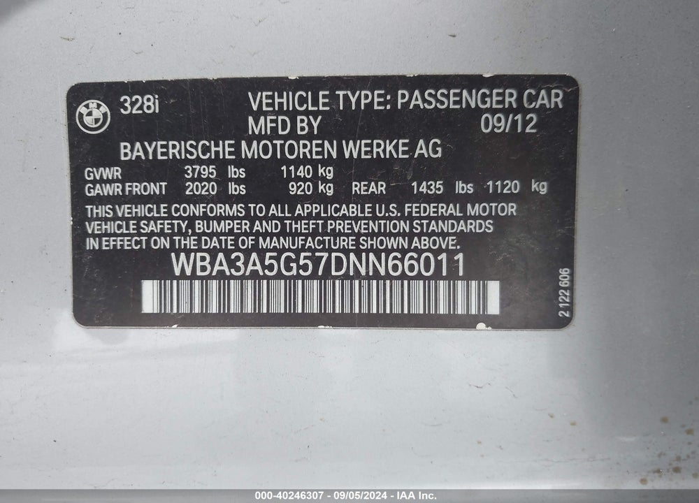 2013 BMW 328I VIN: WBA3A5G57DNN66011