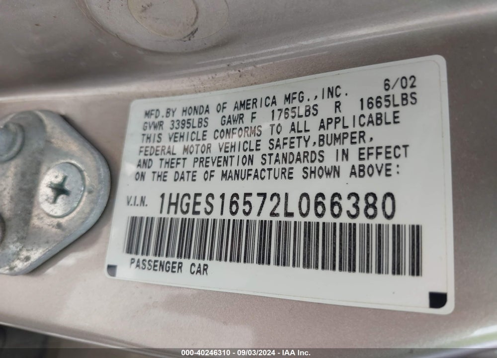 2002 HONDA CIVIC LX VIN: 1HGES16572L066380