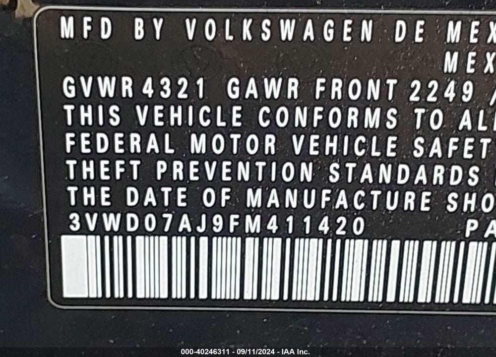 2015 VOLKSWAGEN JETTA VIN: 3VWD07AJ9FM411420