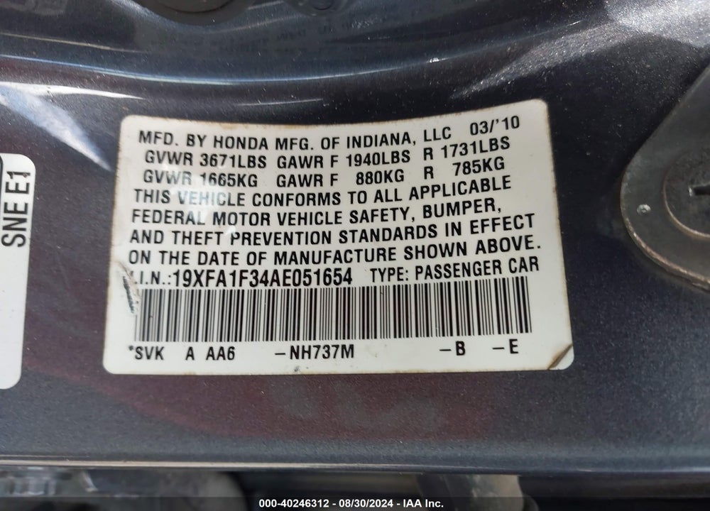 2010 HONDA CIVIC VP VIN: 19XFA1F34AE051654