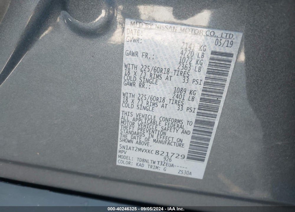 2019 NISSAN ROGUE SV VIN: 5N1AT2MVXKC821729