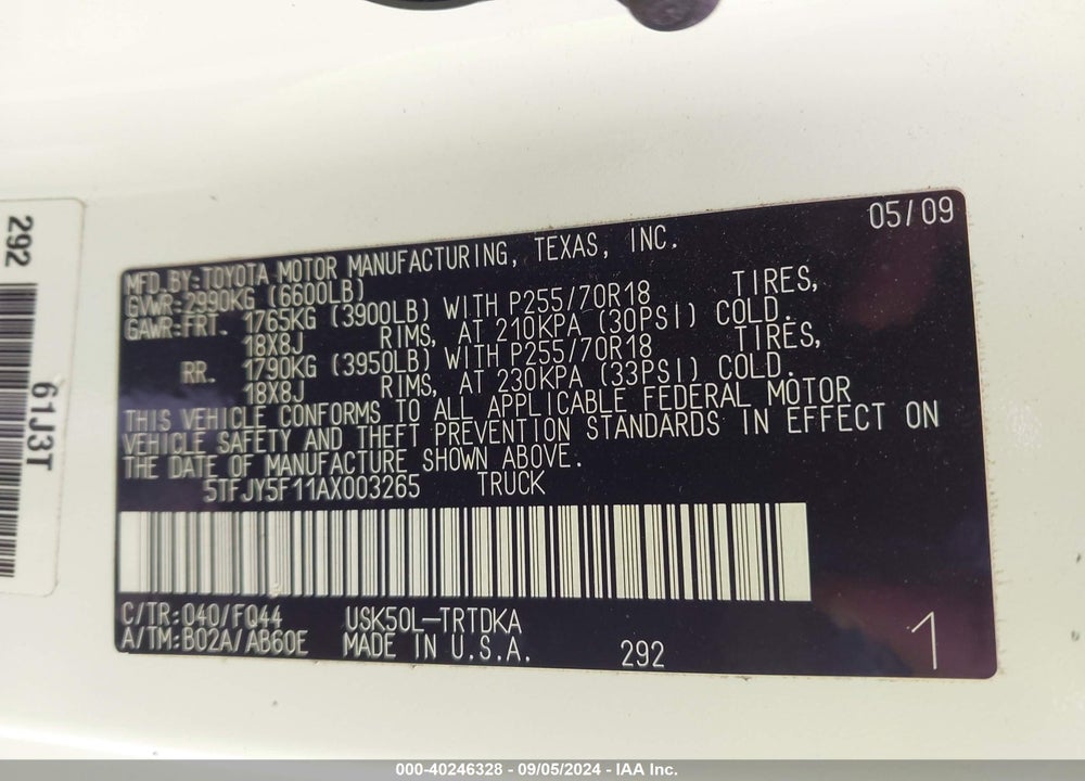 2010 TOYOTA TUNDRA GRADE 5.7L V8 VIN: 5TFJY5F11AX003265